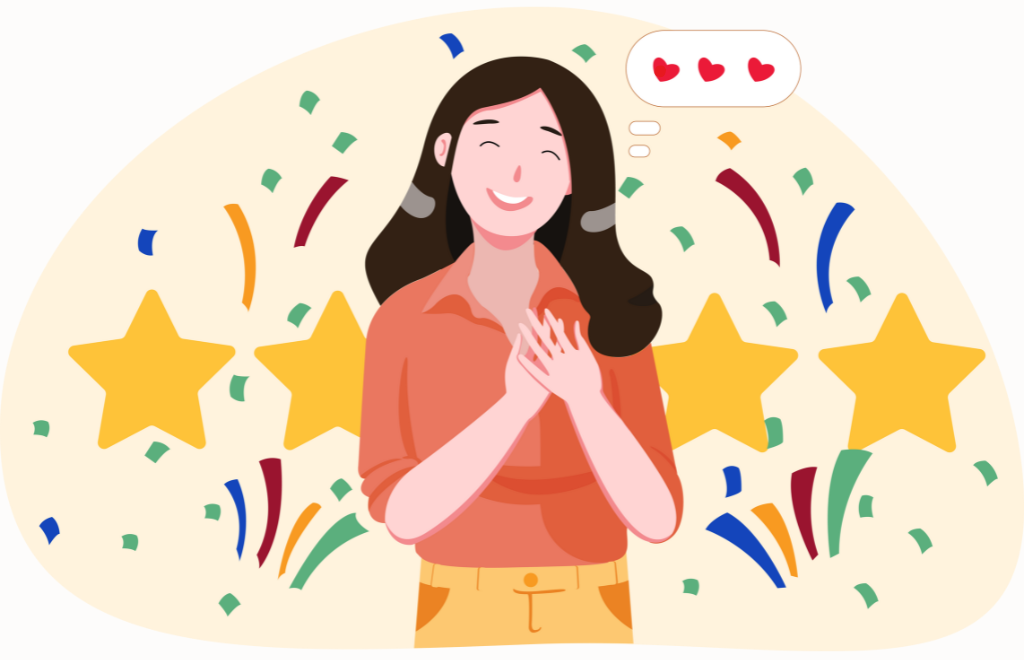 Happy woman celebrating success with stars and confetti