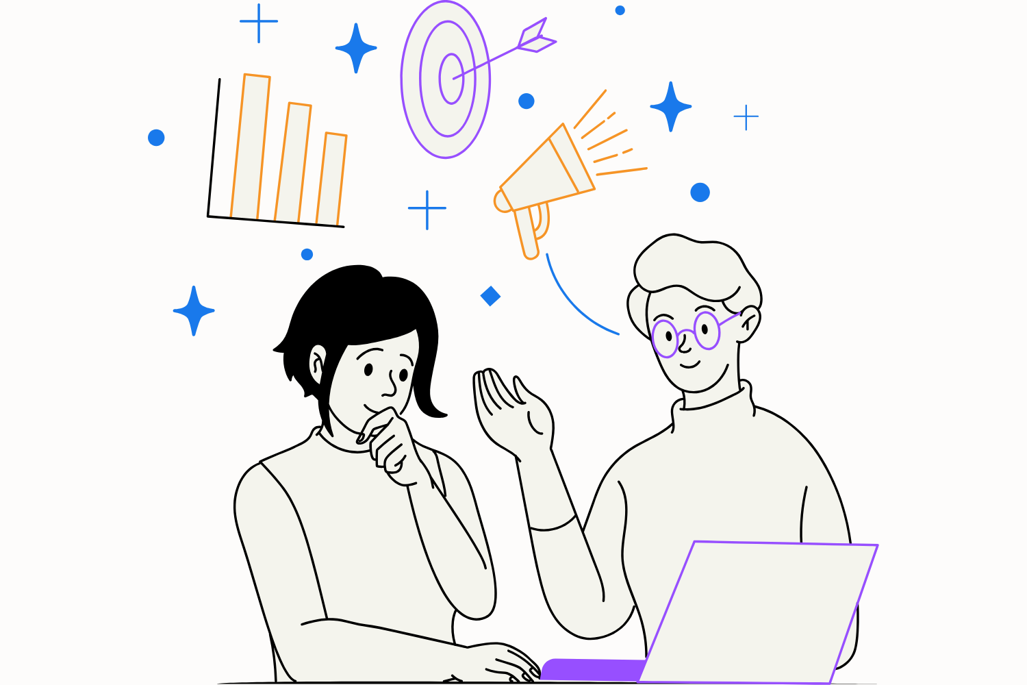 Two people discussing personal and career growth strategies with symbols of goal-setting, analytics, and communication