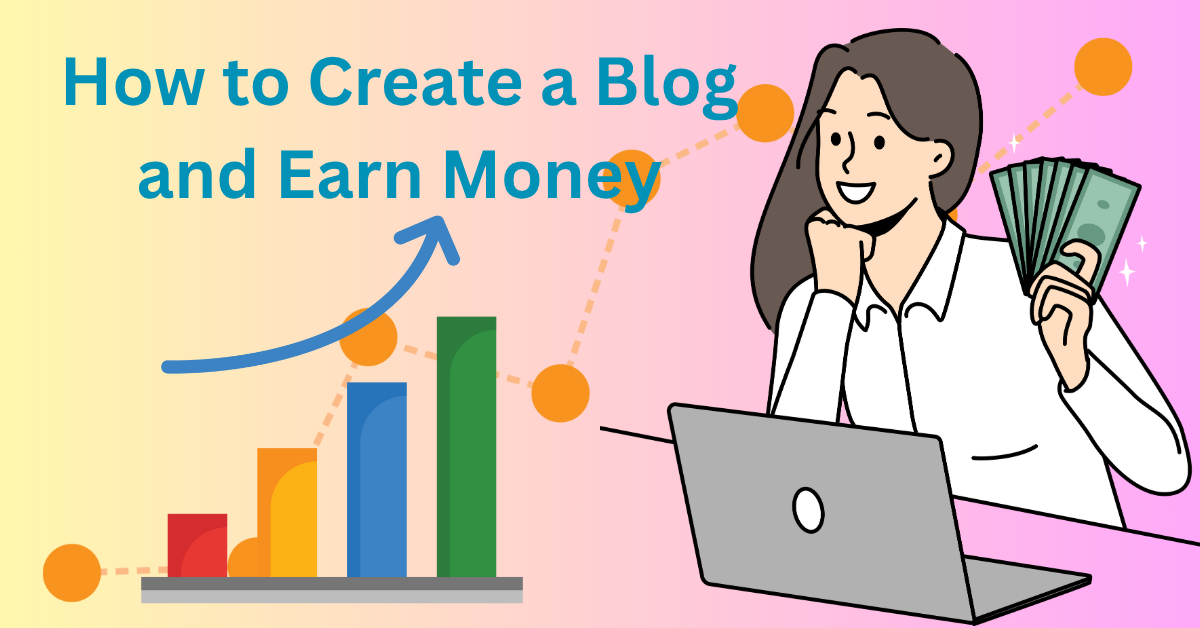 Woman holding cash while working on laptop with a growing bar graph – how to create a blog and earn money